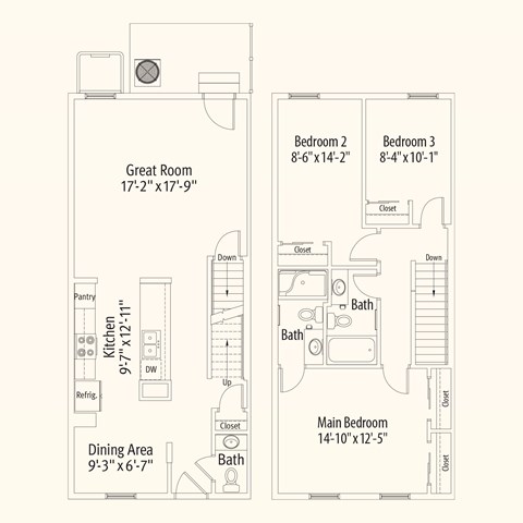 Floor plan for 3 beds, 2.5 baths, 1289 sqft